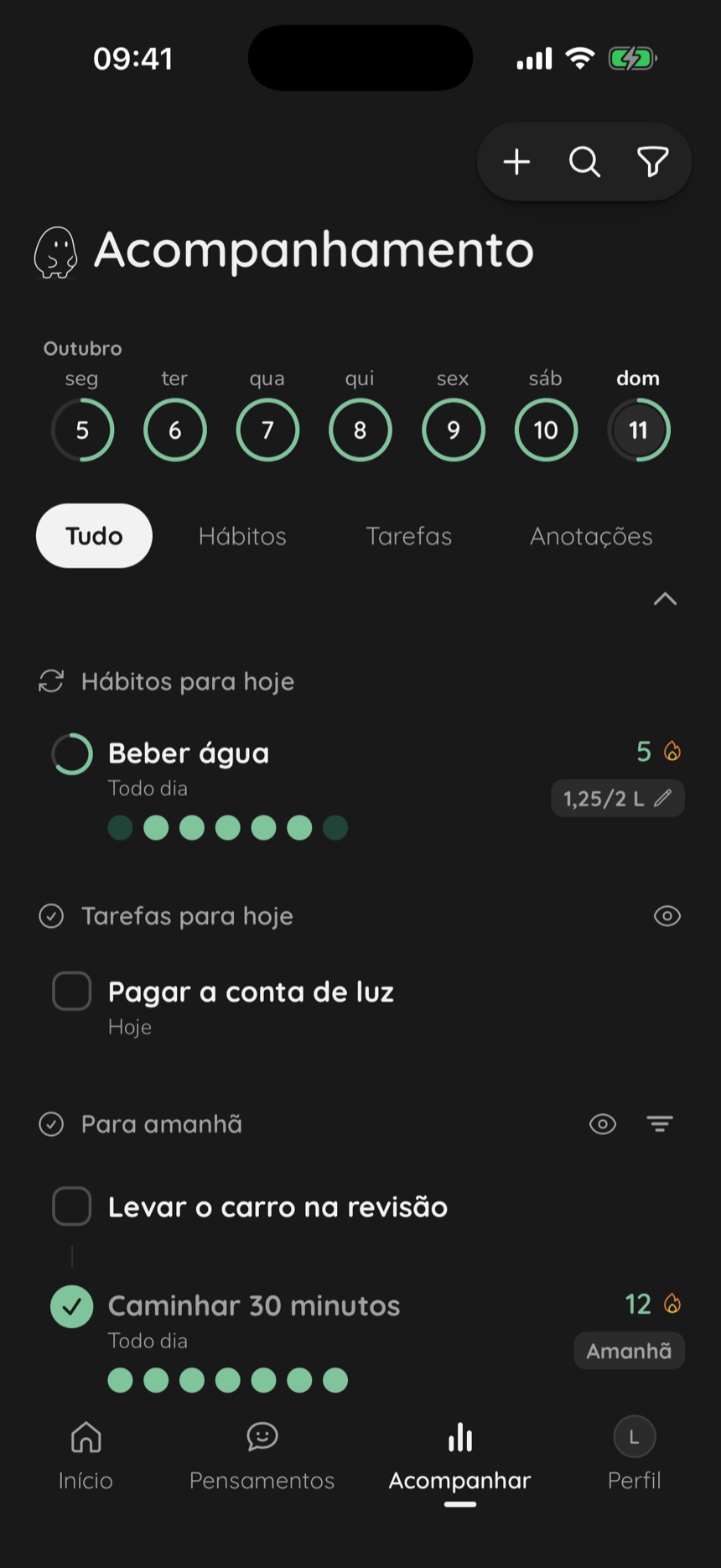 Tela Acompanhar, com os hábitos e as tarefas do dia
