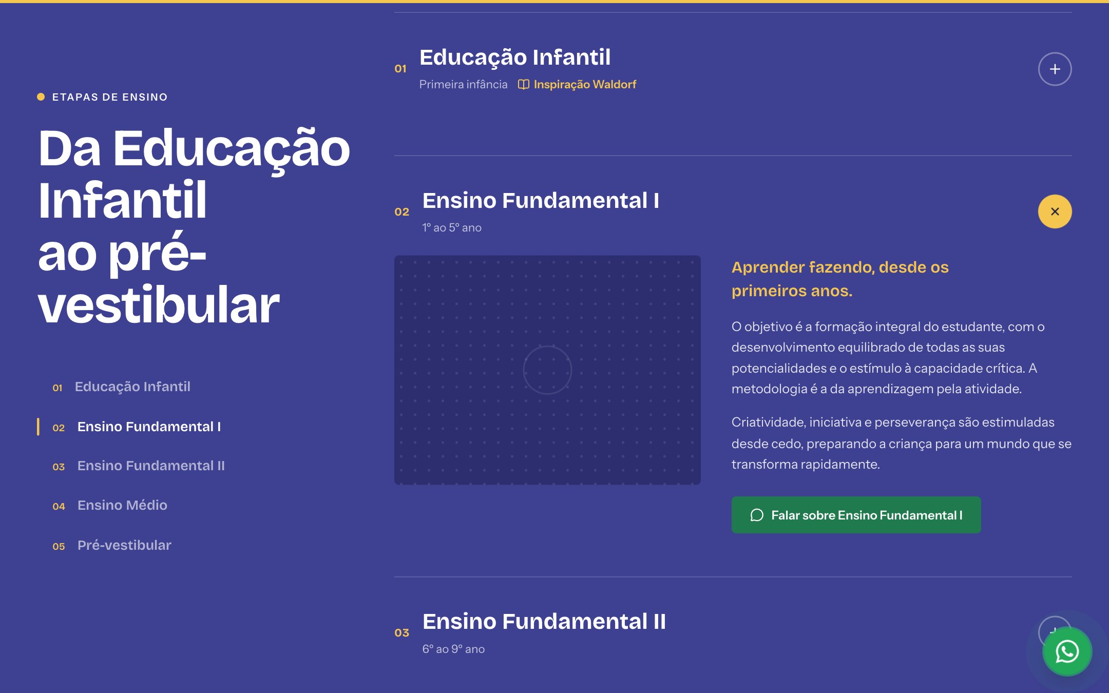 Etapas de ensino no site do Colégio Junqueira