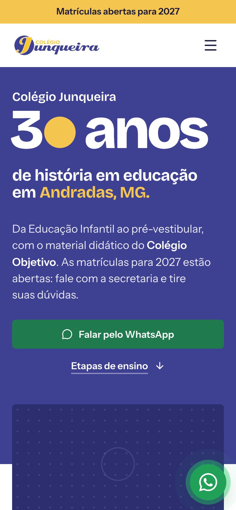 Página inicial do site do Colégio Junqueira no celular