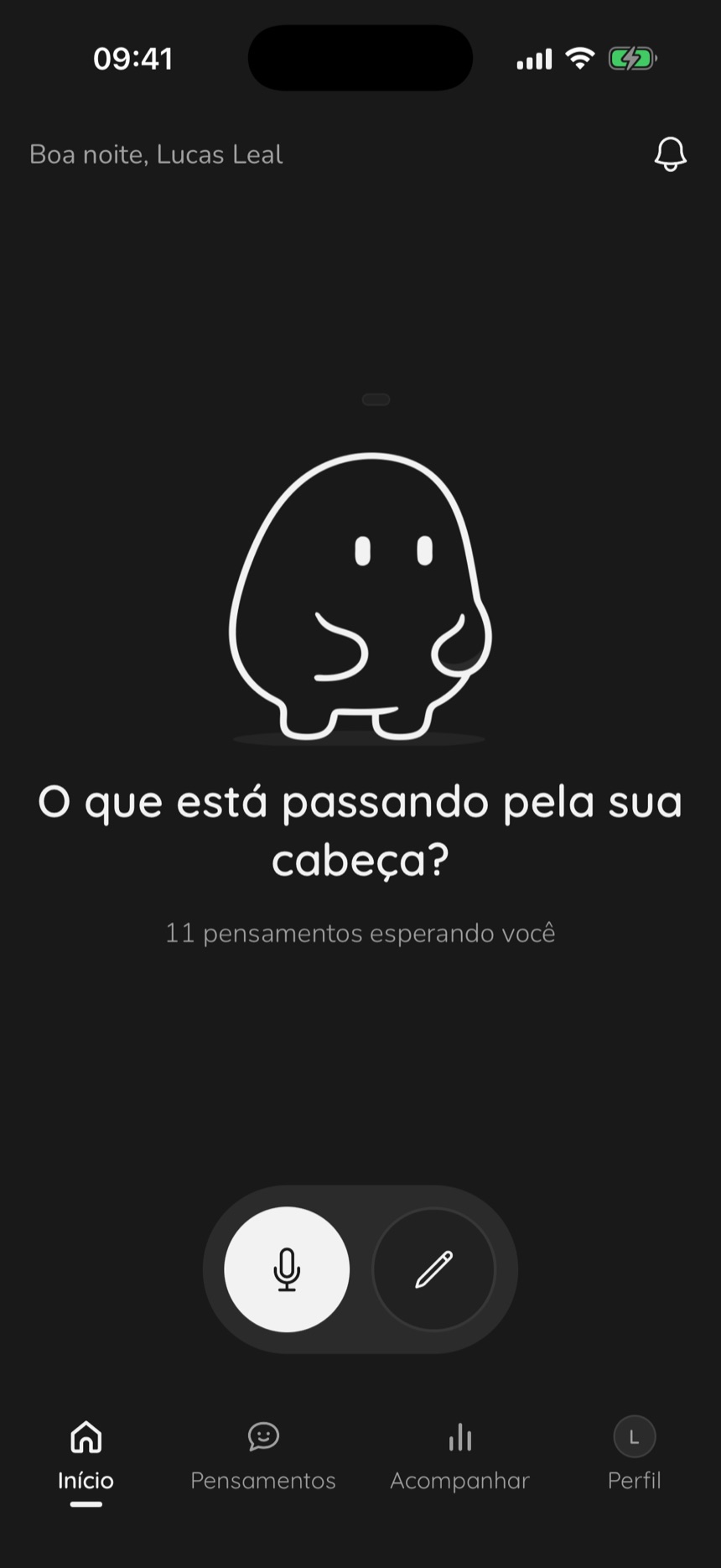 Tela Início do Think Capture, com o Kiro e os botões de falar e escrever
