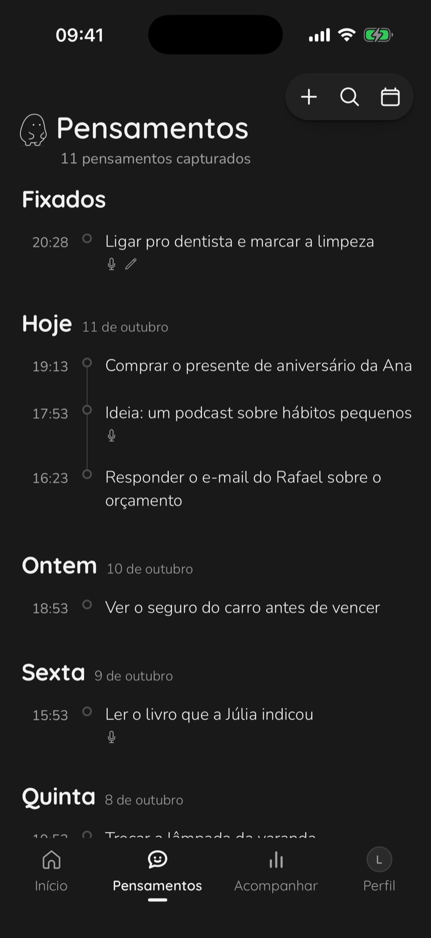 Tela Pensamentos, com a caixa de entrada dos pensamentos guardados