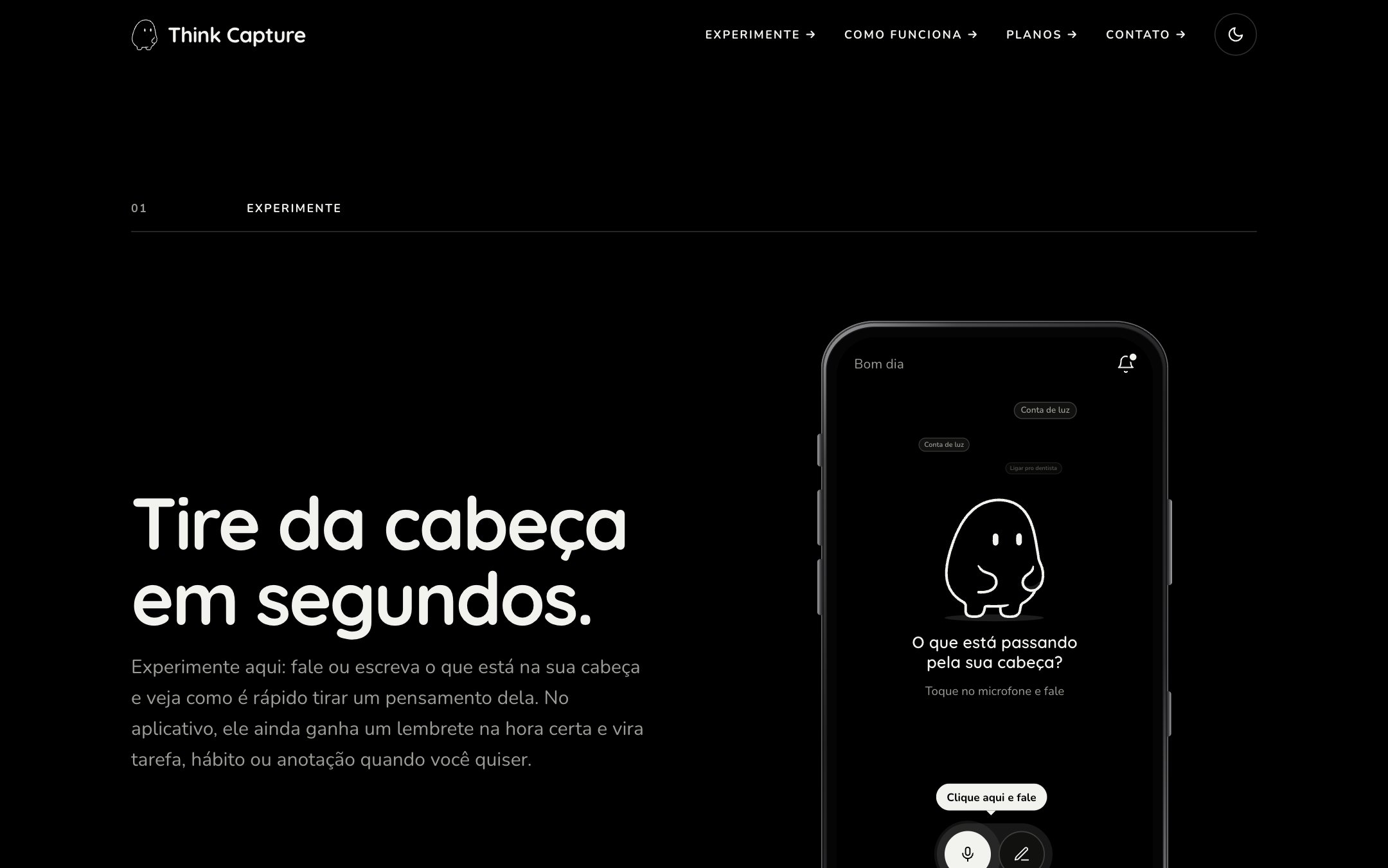 Seção Experimente da landing page do Think Capture